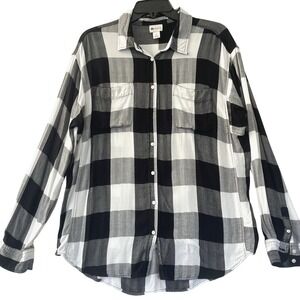 Stylus Womens XL‎ Black White Plaid Long Sleeve Button Down Shirt Top Women
